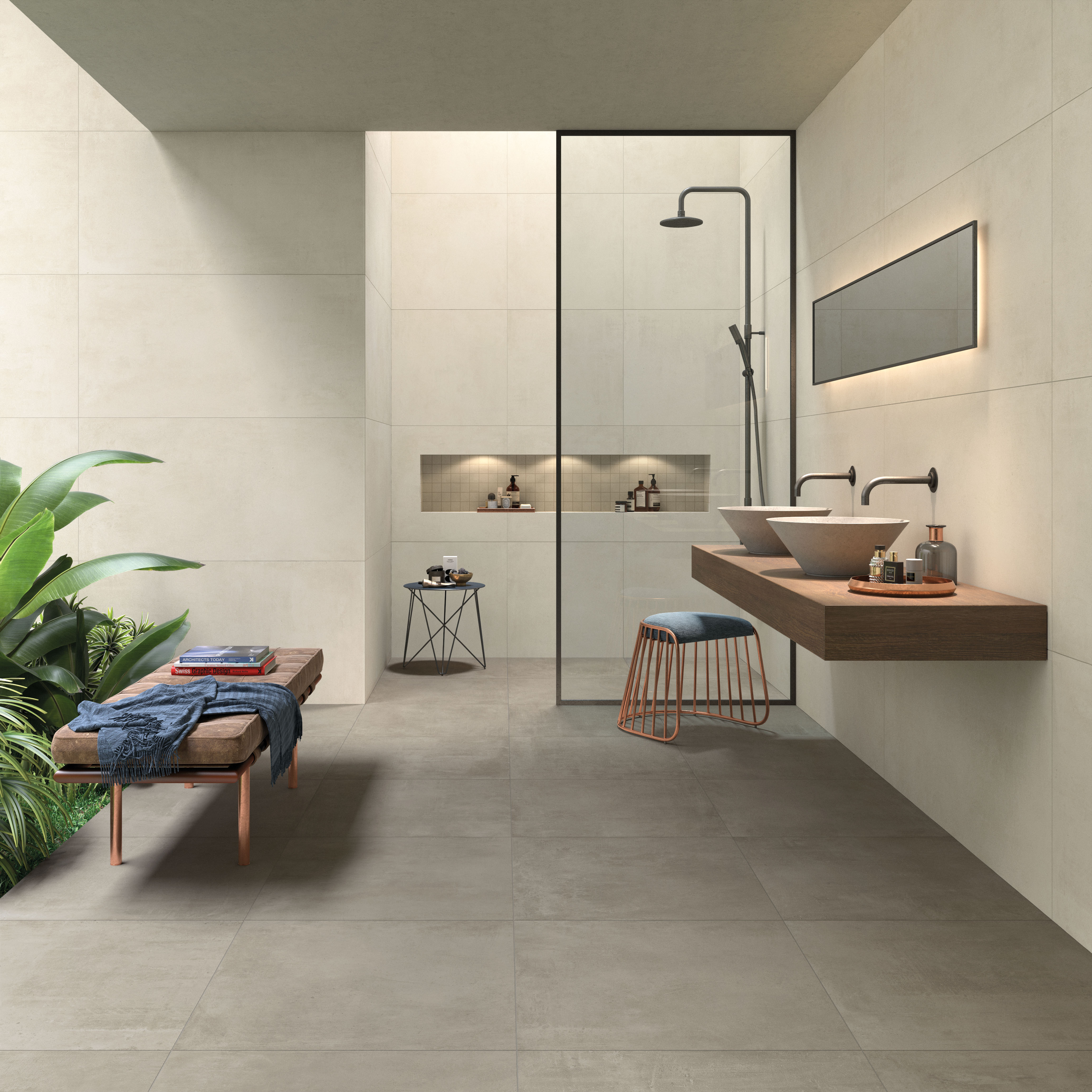 Grau Betonfliesen im Bad, grey concrete effect tiles in the bathroom