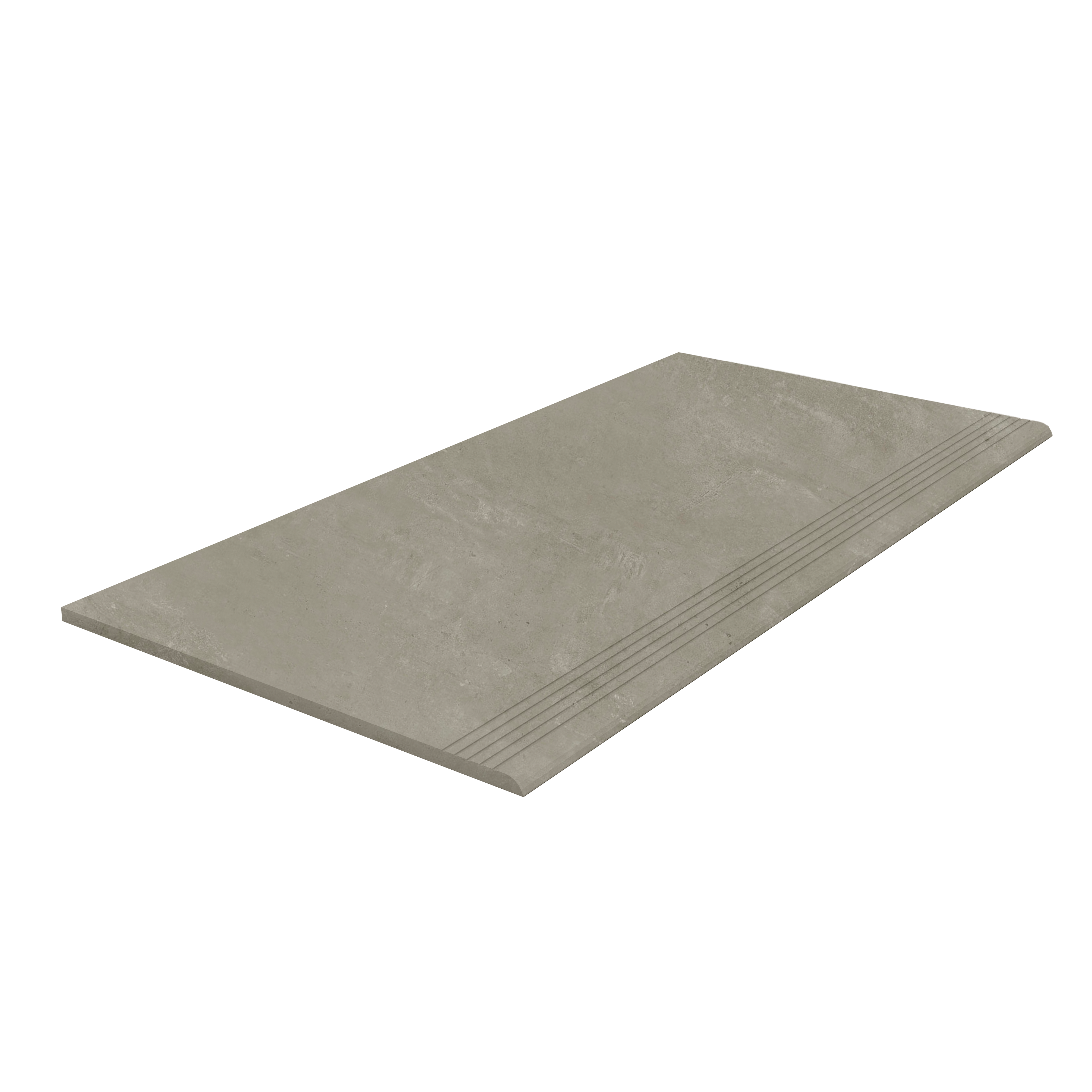Step Urban Grey: Graue Stufenfliese mit rutschhemmenden Rillen und abgerundeter Kante.