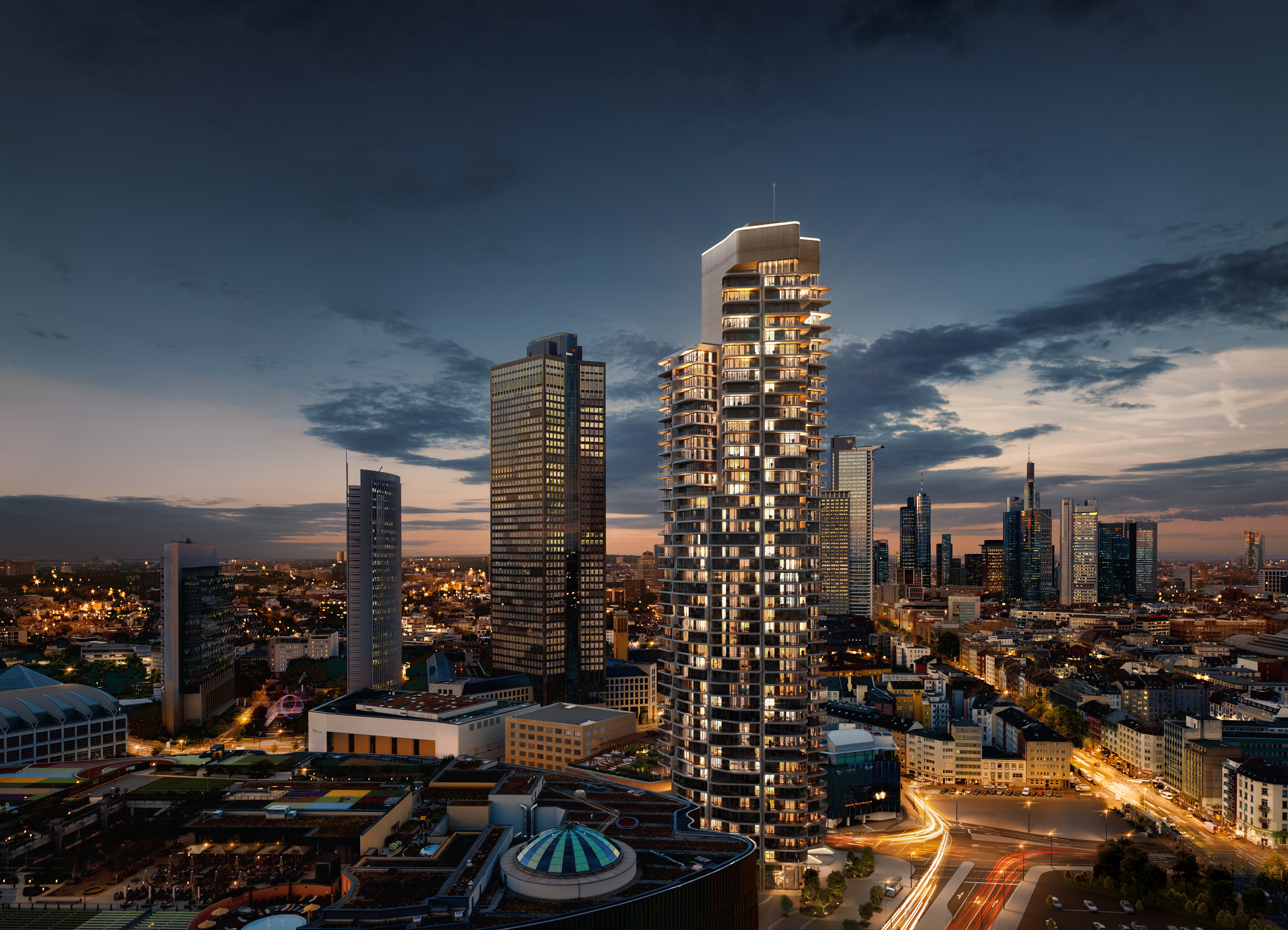 Moderne Stadt-Skyline bei Dämmerung mit beleuchtetem Wohnhochhaus.