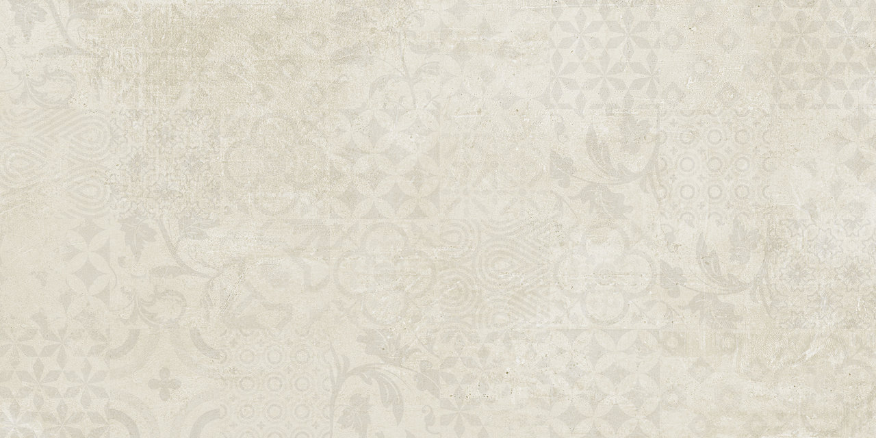 Weave Urban White: Cremefarbene Fliese mit filigranem, ton-in-ton Ornamentmuster.