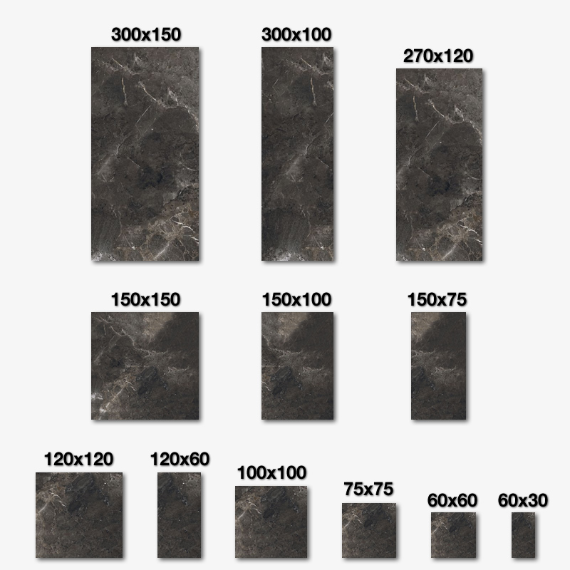 Porcelaingres dunkelgraue, geaderte Fliesen, in verschiedenen Größen für Innen- und Außenbereich erhältlich.