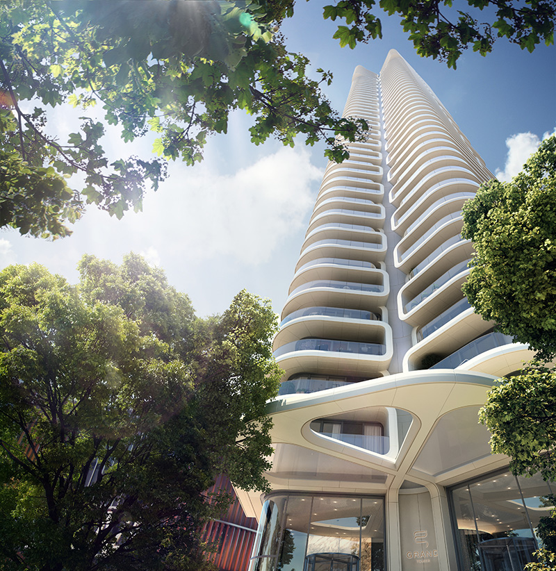 Modernes Hochhaus mit geschwungenen Balkonen – ideal für unsere hochwertigen Fliesen.