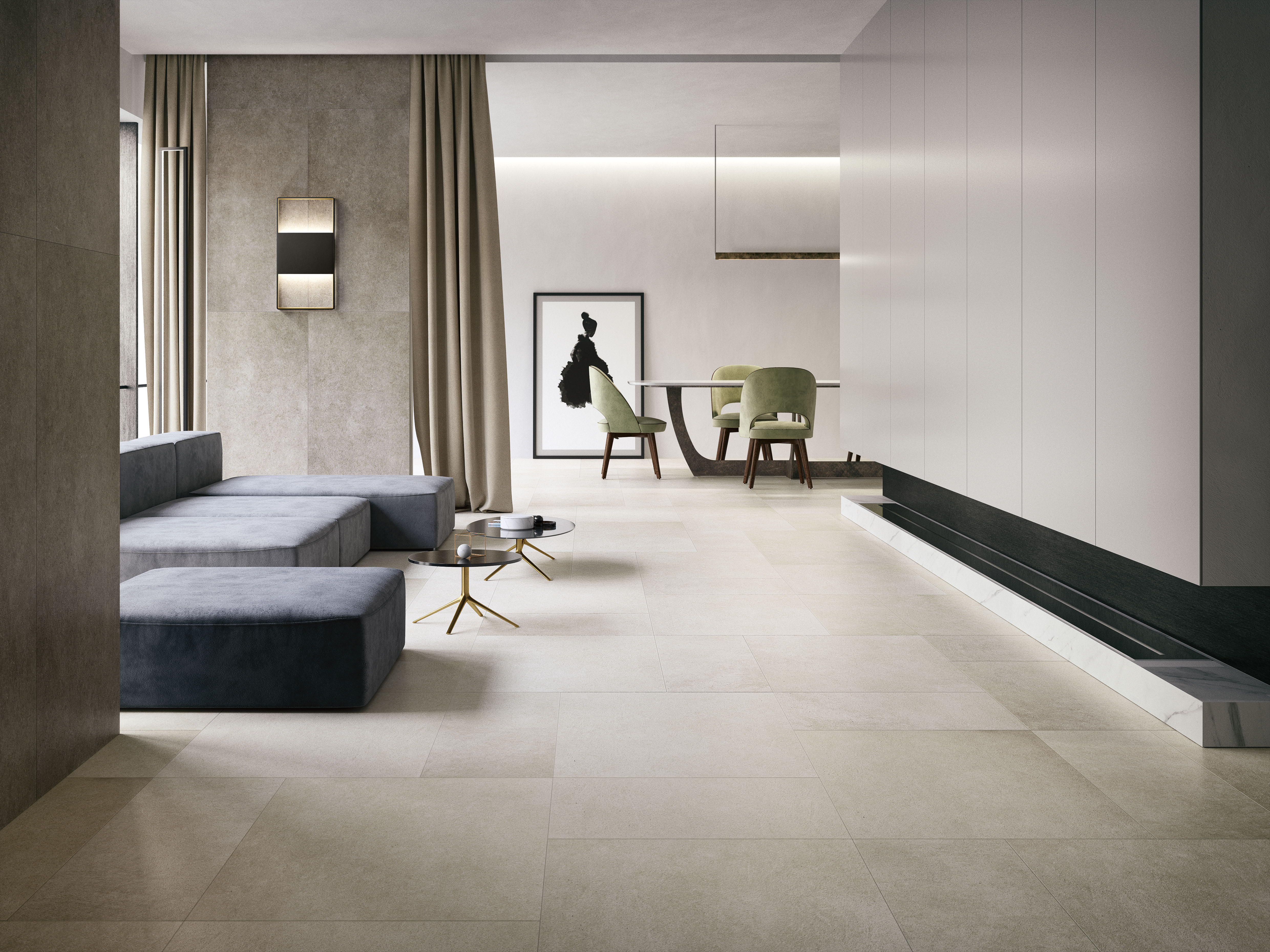 Helle, großformatige Fliesen im modernen Wohn- und Essbereich mit elegantem Interieur.