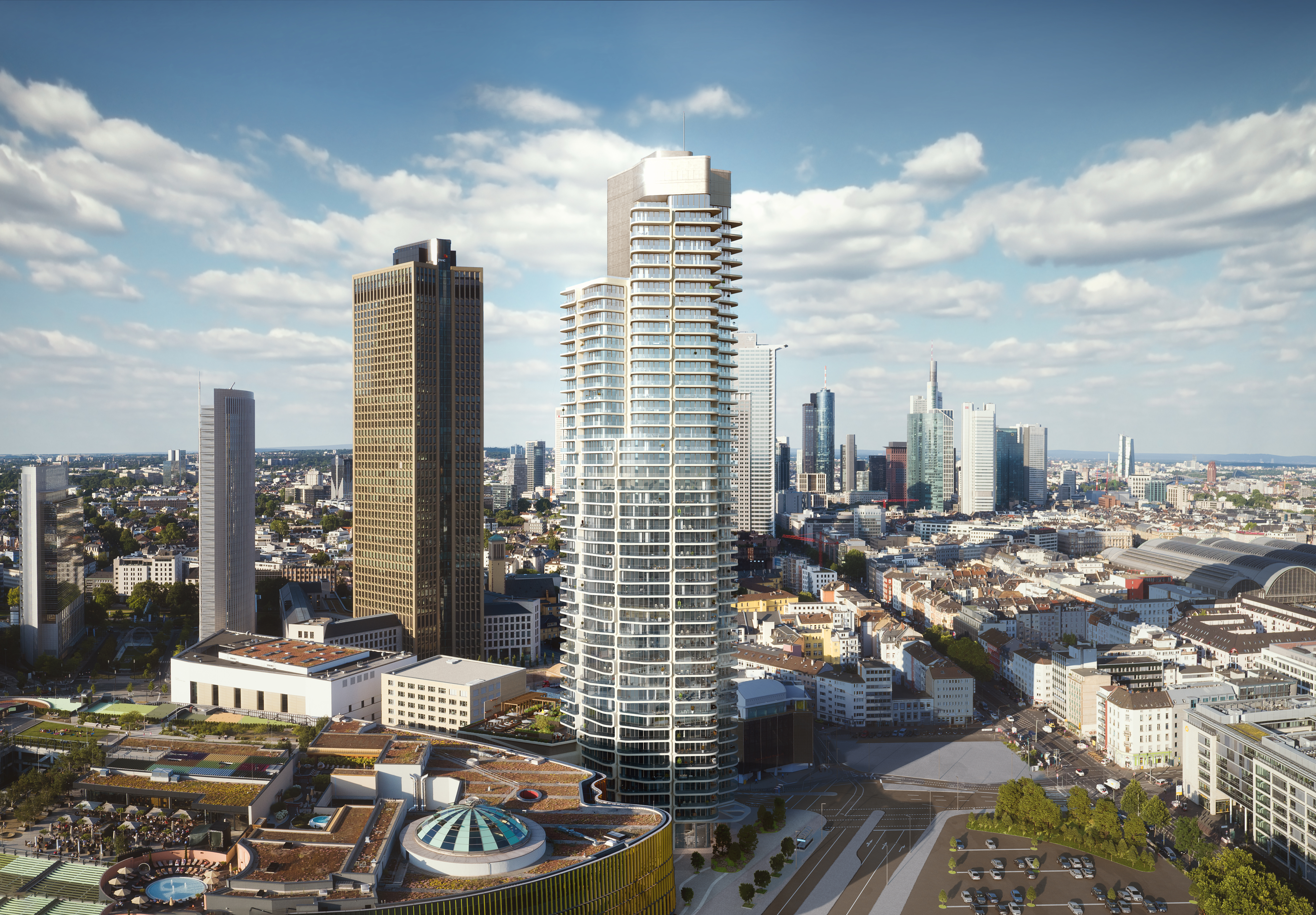 Moderne Frankfurter Skyline mit elegantem Wohnturm, ideal für hochwertige Indoor- und Outdoor-Fliesen.