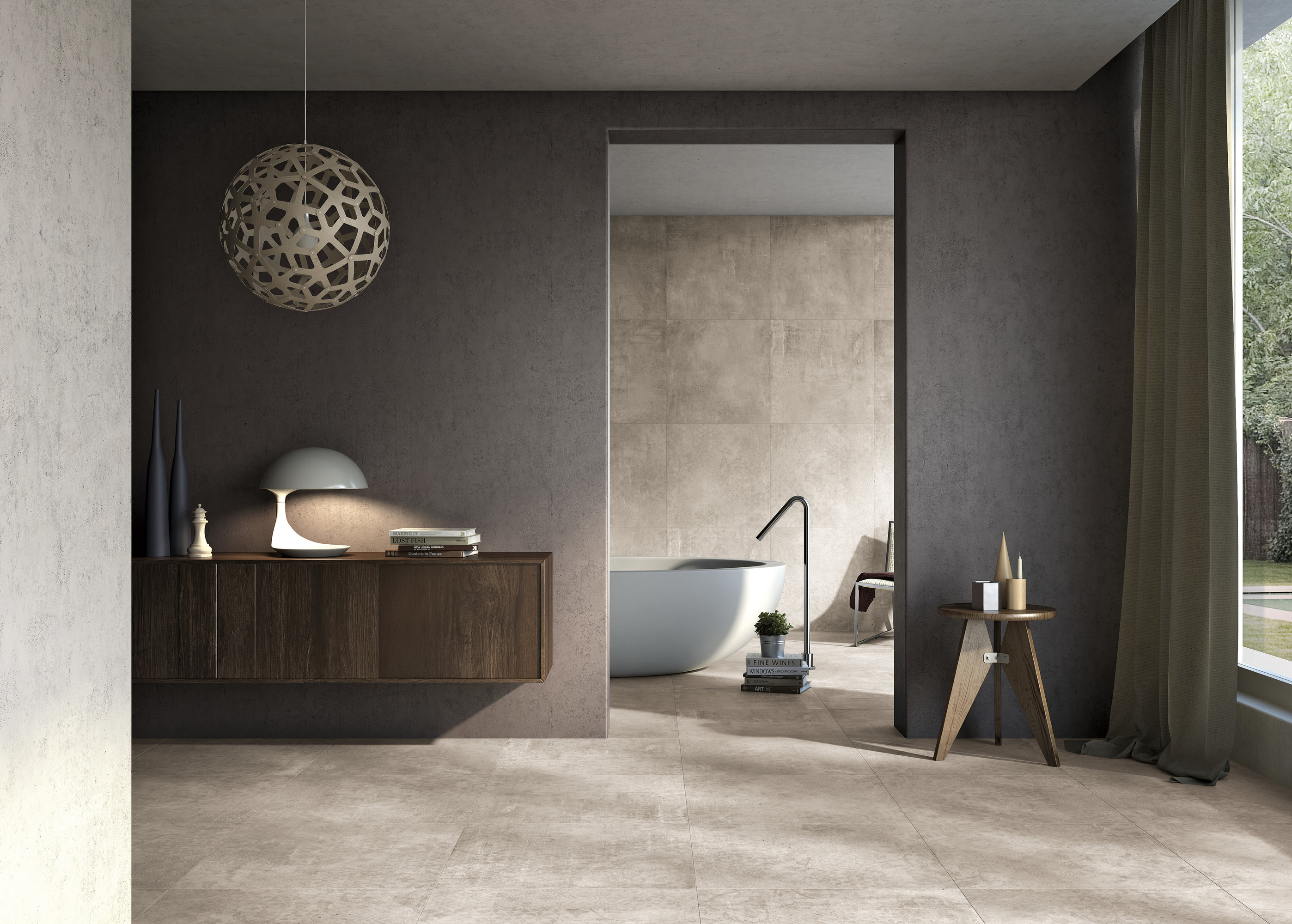 Modernes Bad mit großformatigen Fliesen in Betonoptik von Porcelaingres.